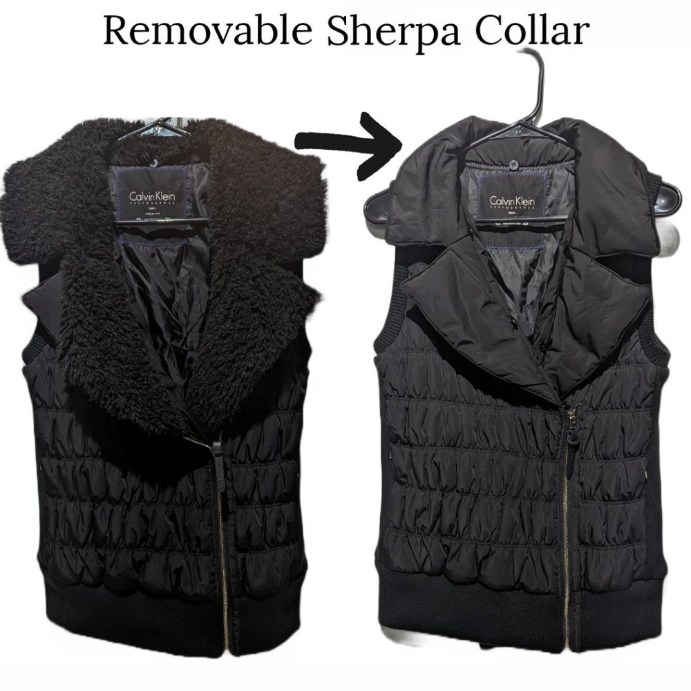Calvin Klein | Women's Black Puffer Vest With Removable Collar Sherpa Fur